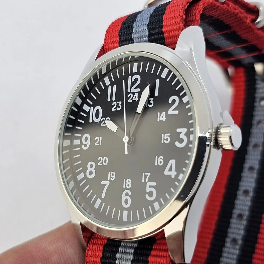 Men's Field Military Watch 42MM Black Dial Red Black Gray‎ Canvas Band Strap